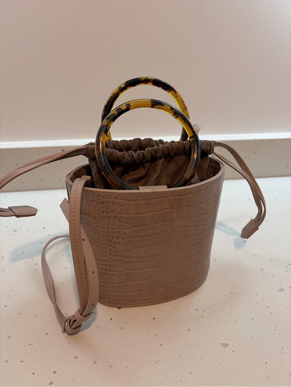 Vintage Taupe Croc-Embossed Crossbody with Tortoiseshell Handles